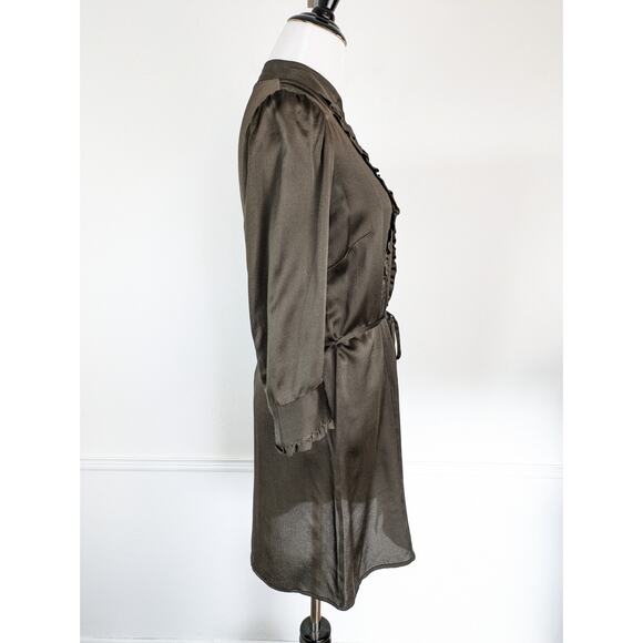 French Connection Shirt Dress Silk Ruffle Floral Button Victorian Brown Size 2 - Picture 7 of 11